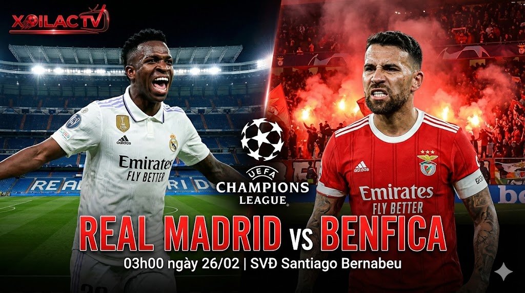 Banner trận Real Madrid vs Benfica tại Cúp C1 trên Xoilac TV.