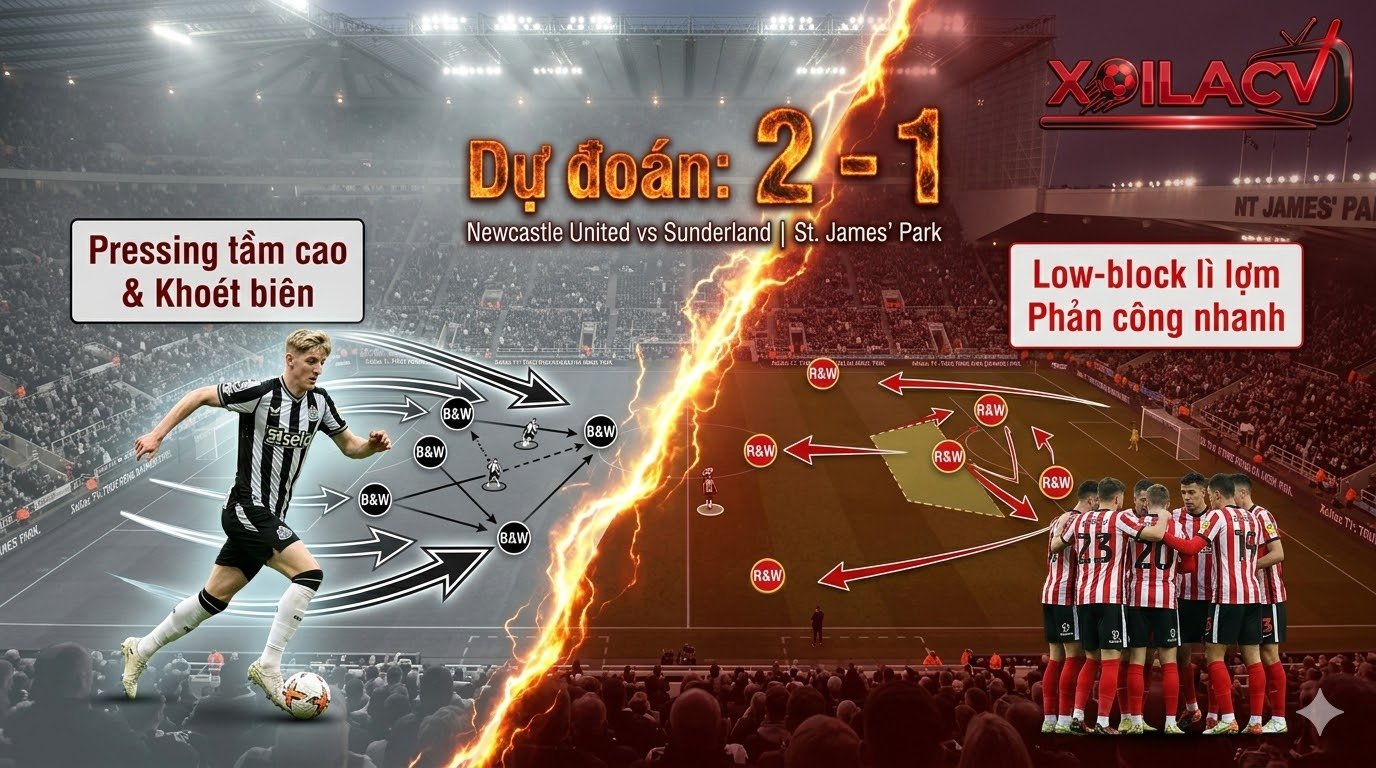 Cover trận Derby Đông Bắc trên Xoilac TV, Newcastle thắng 2-1, sơ đồ chiến thuật pressing vs low-block.