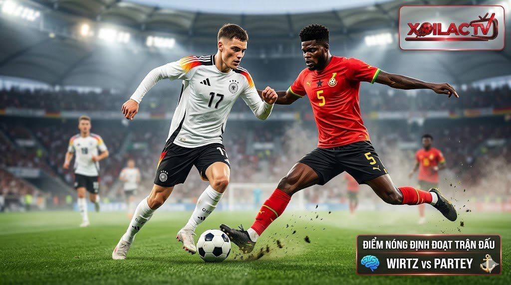 Florian Wirtz của Đức đang dắt bóng tấn công, đối mặt với pha can thiệp mạnh mẽ của Thomas Partey từ Ghana tại khu vực trung tuyến. Hình ảnh có các đồ họa phân tích điểm nóng chiến thuật và logo Xoilac TV.