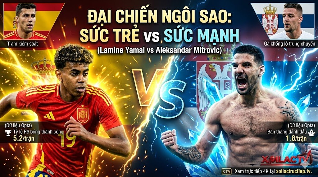Hình ảnh poster đối đầu Lamine Yamal (Tây Ban Nha) và Aleksandar Mitrovic (Serbia) với hiệu ứng đồ họa năng lượng, có logo Xoilac TV.