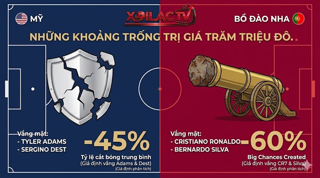Infographic so sánh lực lượng vắng mặt: Mỹ thiếu Adams, Dest (giảm 45% cắt bóng giả định); Bồ Đào Nha thiếu Ronaldo, Silva (giảm 60% tạo cơ hội kỳ vọng).