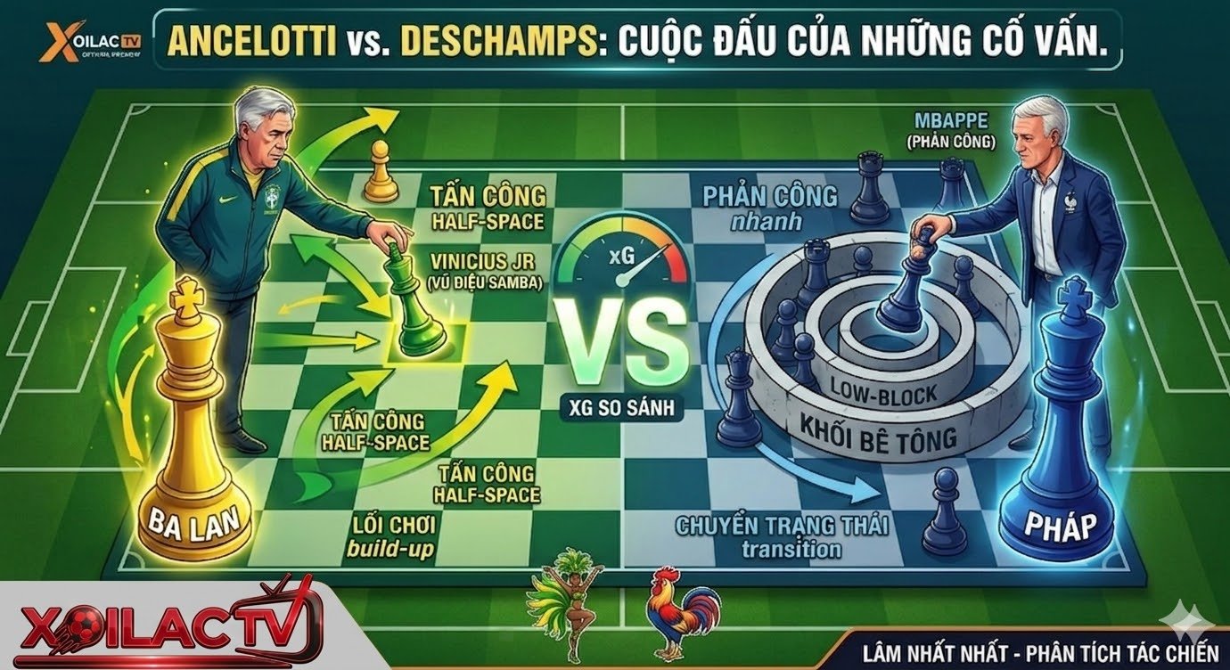Một đồ họa phân tích chiến thuật bóng đá phức hợp được trình bày như một trò chơi cờ vua khổng lồ trên sân vận động Xoilac TV. Nó miêu tả các huấn luyện viên Carlo Ancelotti và Didier Deschamps như các kỳ thủ cờ vua. Ancelotti chỉ huy tấn công 'Vũ Điệu Samba' và 'Half-Space' của Brazil với Vinicius Jr., trong khi Deschamps chỉ huy 'Khối Bê Tông' và 'Low-Block' của Pháp với Mbappe. Một đồng hồ so sánh xG cung cấp dữ liệu trực tiếp. Includes portraits and tactical data panels.