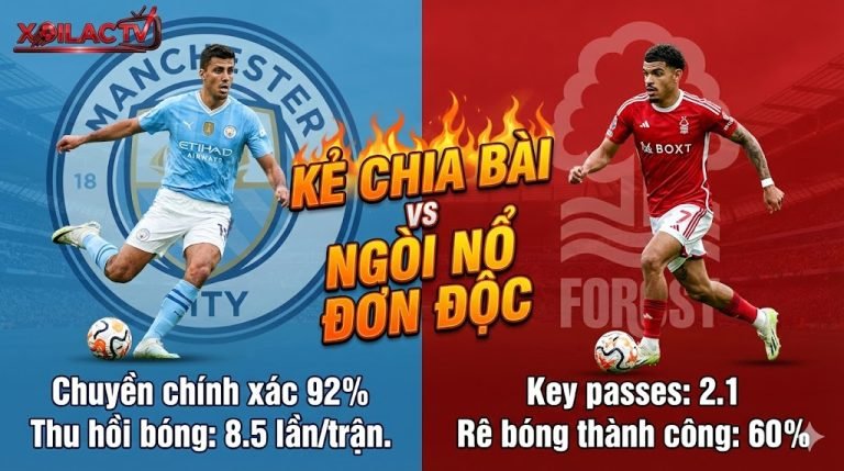 Infographic so sánh chỉ số thống kê giữa Rodri (Man City) và Morgan Gibbs-White (Nottingham Forest). Xoilac TV phân tích điểm nóng chiến thuật trận đấu Man City vs Nottingham, kẻ chia bài đấu ngòi nổ.