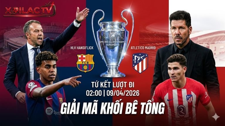 Ảnh bìa nhận định trận tứ kết Champions League giữa Barcelona và Atletico Madrid tại Xoilac TV, với hình ảnh HLV Hansi Flick, Lamine Yamal đối đầu HLV Diego Simeone, Julian Alvarez cùng cúp C1 và tiêu đề GIẢI MÃ KHỐI BÊ TÔNG.