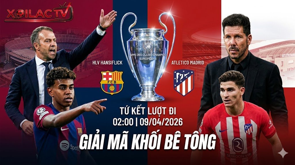 Ảnh bìa nhận định trận tứ kết Champions League giữa Barcelona và Atletico Madrid tại Xoilac TV, với hình ảnh HLV Hansi Flick, Lamine Yamal đối đầu HLV Diego Simeone, Julian Alvarez cùng cúp C1 và tiêu đề GIẢI MÃ KHỐI BÊ TÔNG.