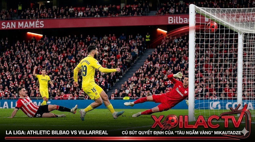 Tiền đạo Georges Mikautadze của Villarreal tung cú sút quyết liệt ghi bàn thắng quyết định từ góc hẹp.
