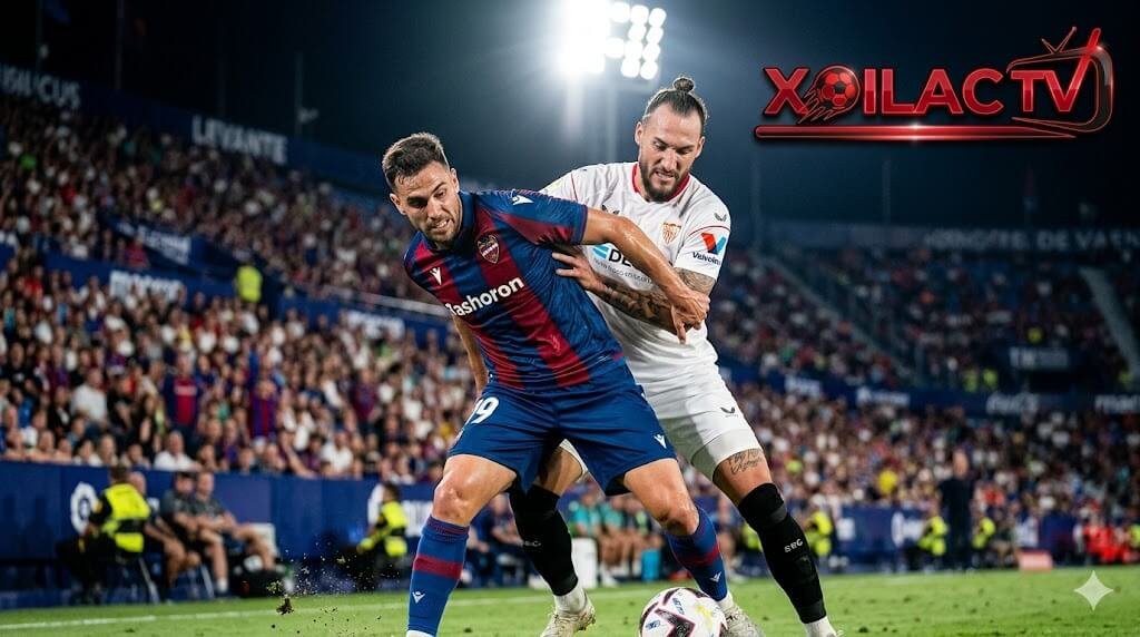 Cầu thủ Carlos Espí của Levante tranh chấp bóng quyết liệt với Nemanja Gudelj của Sevilla trong trận chiến trụ hạng vòng 33 La Liga.