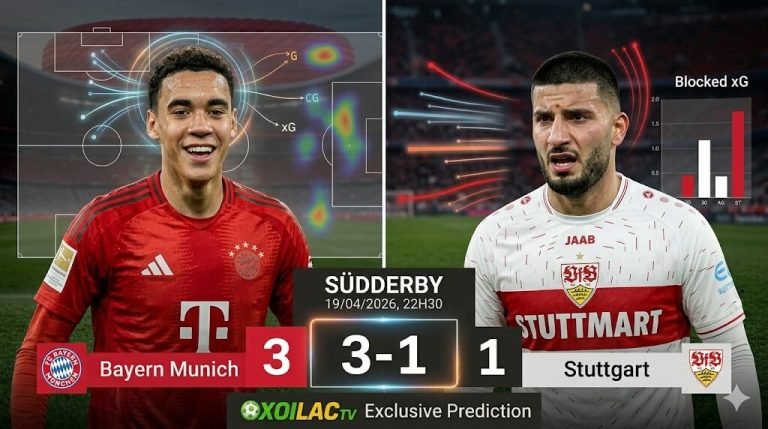 Đồ họa split-screen dự đoán tỷ số 3-1 cho trận Bayern Munich vs Stuttgart. Bên trái là Jamal Musiala (Bayern áo đỏ) với sơ đồ chiến thuật xung quanh đầu và điểm số 3. Bên phải là Deniz Undav (Stuttgart áo trắng) với các đường áp lực chiến thuật và điểm số 1. Banner phía dưới ghi "SÜDDERBY 19/04/2026, 22H30" và "Xoilac TV Exclusive Prediction".