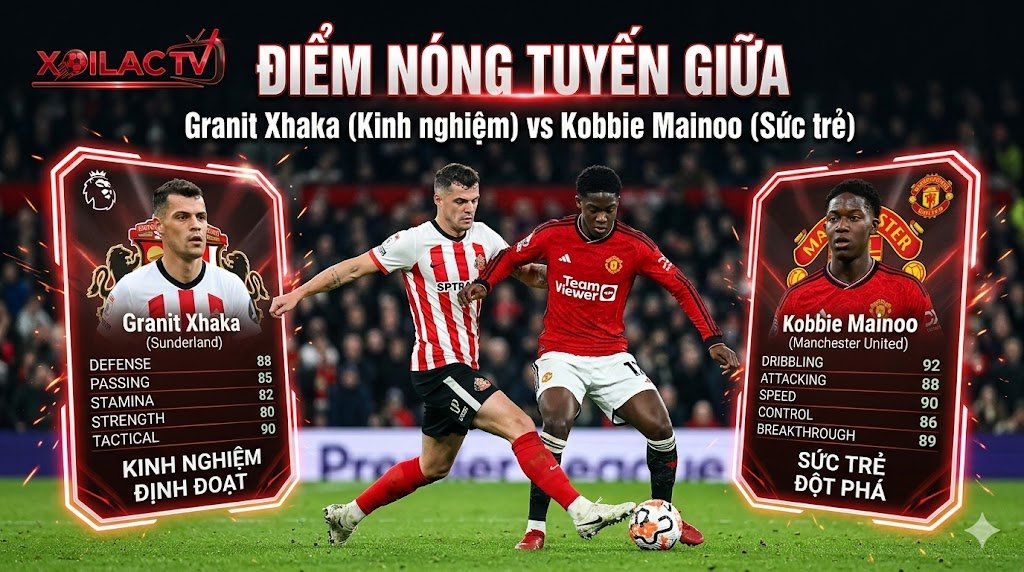 Điểm nóng tuyến giữa trận Sunderland vs MU: Kinh nghiệm của Granit Xhaka đối đầu sức trẻ Kobbie Mainoo
