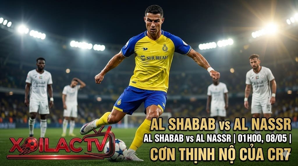 Ảnh đại diện nhận định trận đấu Al Shabab vs Al Nassr: Cristiano Ronaldo đầy quyết tâm tung cú sút trong màu áo Al Nassr, minh họa bởi Xoilac TV.