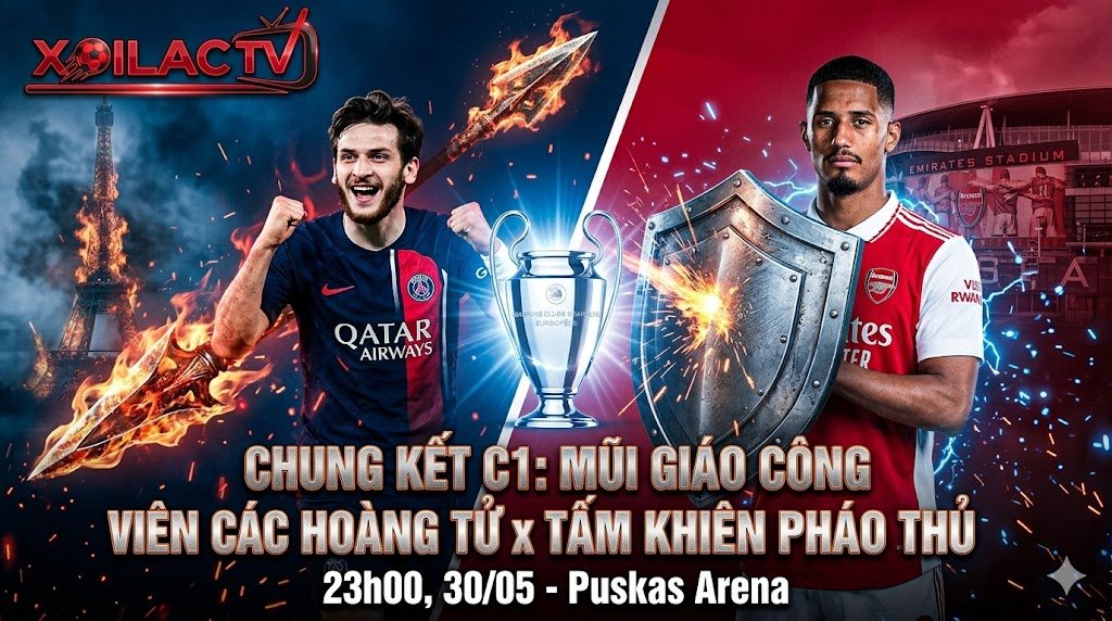 Hình ảnh nhận định trực tiếp PSG vs Arsenal chung kết Cúp C1 2025/26, cuộc đối đầu nảy lửa giữa hàng công PSG và hàng thủ Arsenal từ chuyên gia Xoilac TV.