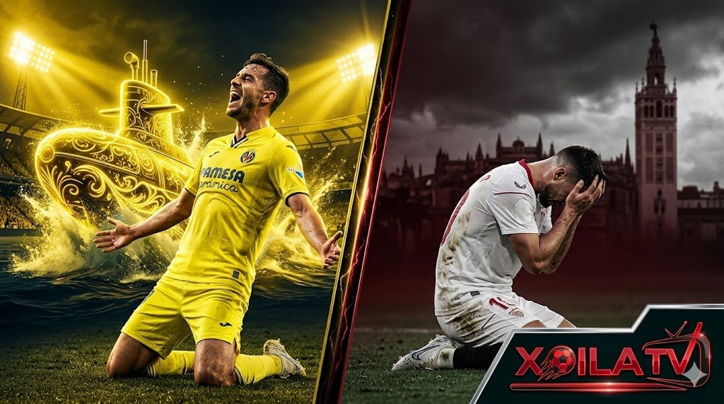Banner bài viết đại chiến Villarreal vs Sevilla vòng 36 La Liga, thể hiện sự đối lập giữa Tàu Ngầm Vàng ăn mừng và Sevilla thất vọng bế tắc.