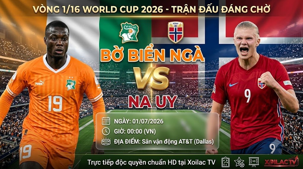 Ảnh bìa nhận định Bờ Biển Ngà vs Na Uy vòng 1/16 World Cup 2026 với sự góp mặt của Nicolas Pépé và Erling Haaland, xem trực tiếp bóng đá tại Xoilac TV.