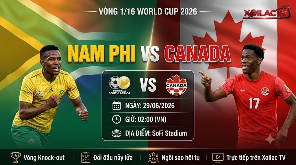 Ảnh bìa nhận định và trực tiếp bóng đá trận Nam Phi vs Canada vòng 1/16 World Cup 2026 chất lượng cao trên Xoilac TV.