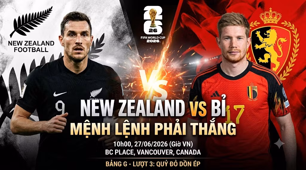 Ảnh bìa nhận định trận đấu New Zealand vs Bỉ tại vòng bảng World Cup 2026, điểm nhấn cuộc đối đầu giữa Chris Wood và Kevin De Bruyne.