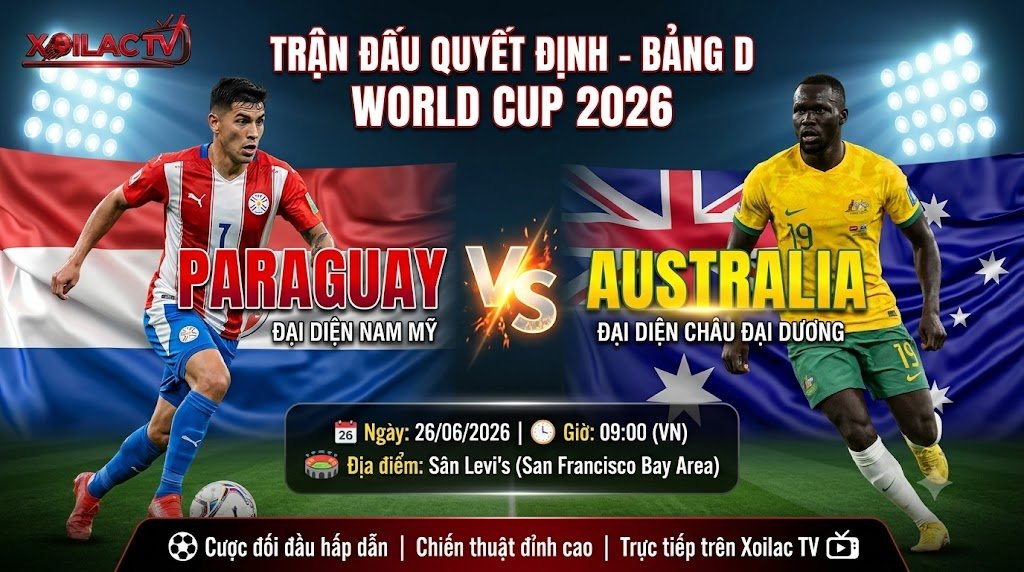 Ảnh bìa nhận định trận đấu Paraguay vs Australia tại bảng D World Cup 2026 lúc 09h00 ngày 26/06 trực tiếp trên nền tảng Xoilac TV.