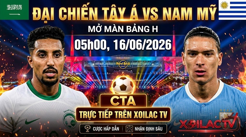 Ảnh bìa nhận định đại chiến Tây Á vs Nam Mỹ giữa Saudi Arabia và Uruguay lúc 05h00 ngày 16/06 tại World Cup 2026. Xem trực tiếp bóng đá mượt mà trên Xoilac TV.
