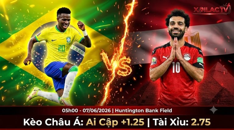 Nhận định soi kèo Brazil vs Ai Cập 05h00 ngày 07/06/2026 - Cuộc đối đầu giữa Vinicius Jr và Mohamed Salah trên Xoilac TV.