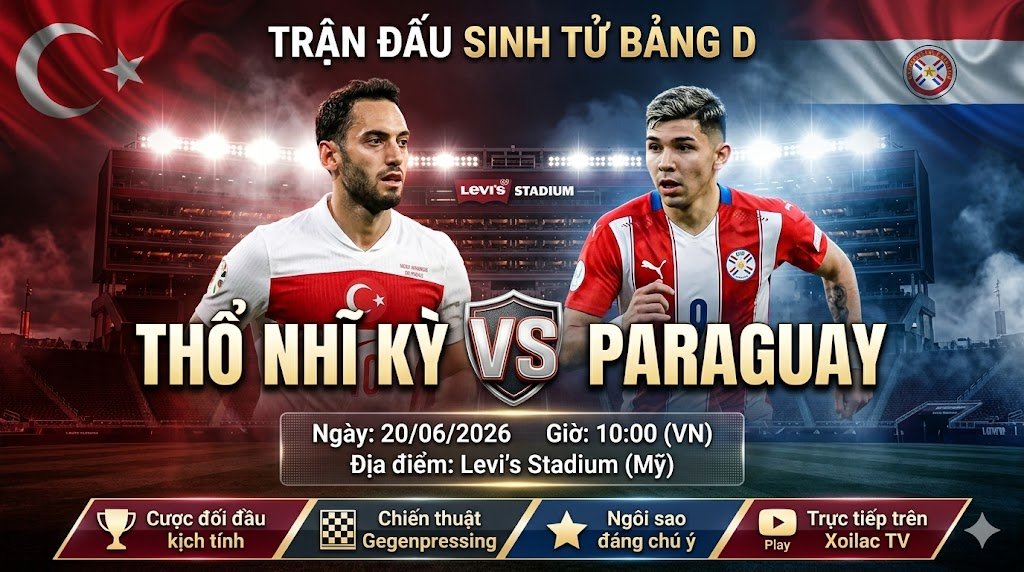 Ảnh bìa nhận định trực tiếp trận đấu sinh tử giữa Thổ Nhĩ Kỳ vs Paraguay tại bảng D World Cup 2026 trên Xoilac TV