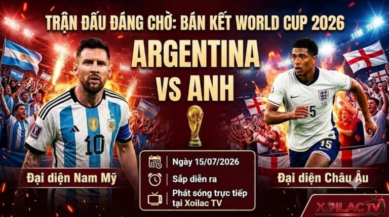 Poster trực tiếp trận đại chiến bán kết World Cup 2026 giữa Argentina và Anh với sự góp mặt của Messi và Bellingham phát sóng trên Xoilac TV.
