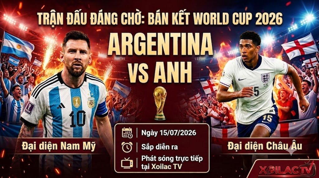 Poster trực tiếp trận đại chiến bán kết World Cup 2026 giữa Argentina và Anh với sự góp mặt của Messi và Bellingham phát sóng trên Xoilac TV.