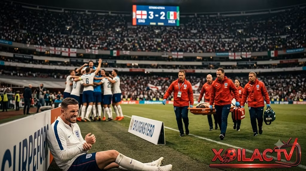 Tiền vệ Jordan Henderson đau đớn vì chấn thương gãy cổ tay bên cạnh bảng quảng cáo sau trận thắng của tuyển Anh trước Mexico tại vòng 1/8 World Cup 2026.