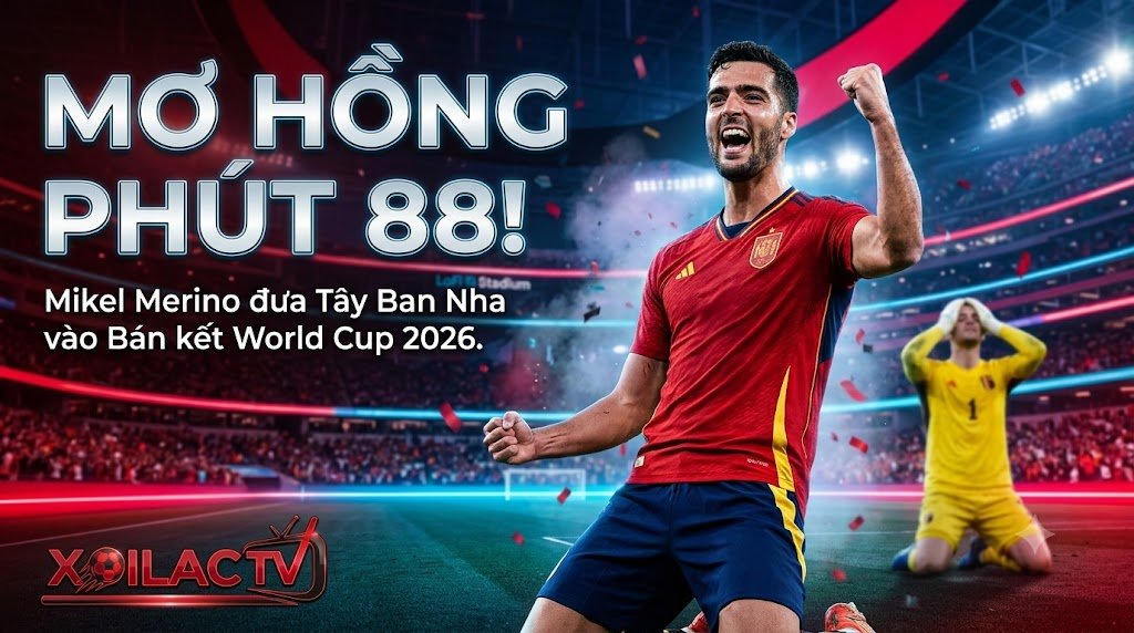 Mikel Merino ăn mừng bàn thắng quyết định ở phút 88 giúp Tây Ban Nha đánh bại Bỉ 2-1 tại tứ kết World Cup 2026, cập nhật trên Xoilac TV.