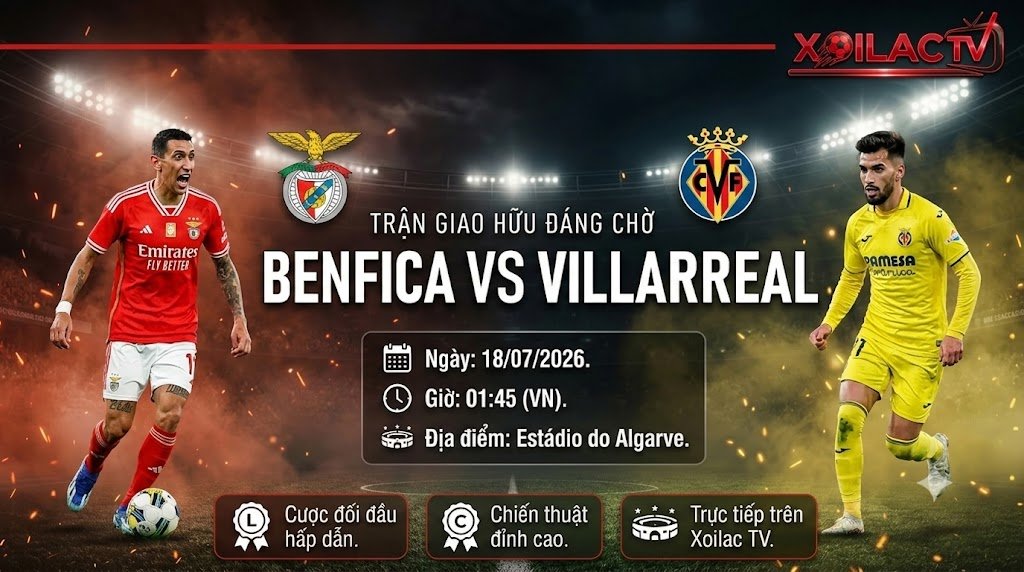 Ảnh bìa nhận định soi kèo trận giao hữu Benfica vs Villarreal lúc 01h45 ngày 18/07 cùng Xoilac TV.