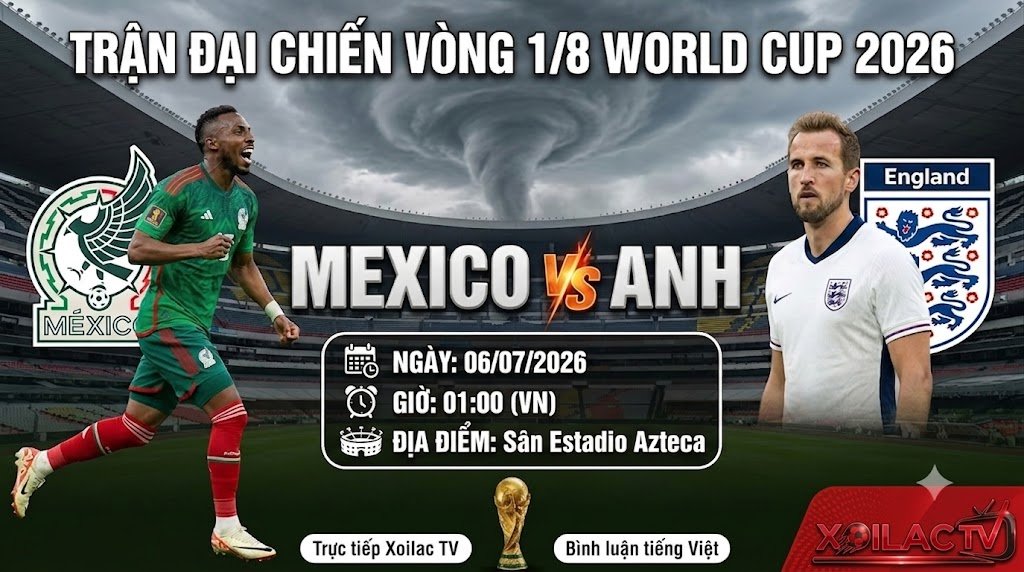 Nhận định và soi kèo trận đại chiến giữa Mexico vs Anh tại vòng 1/8 World Cup 2026 lúc 01h00 ngày 06/07 trên kênh trực tiếp bóng đá Xoilac TV.