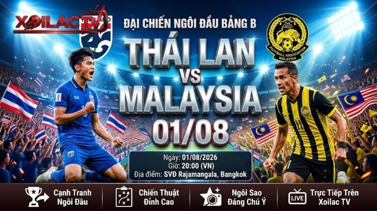 Ảnh bìa nhận định và trực tiếp bóng đá trận Thái Lan vs Malaysia bảng B AFF Cup 2026 trên nền tảng Xoilac TV.
