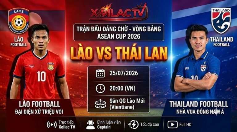 Hình ảnh đồ họa kết hợp cờ và cầu thủ ngôi sao của hai đội tuyển Lào và Thái Lan trước trận đấu vòng bảng ASEAN Cup 2026 trên nền sân vận động.