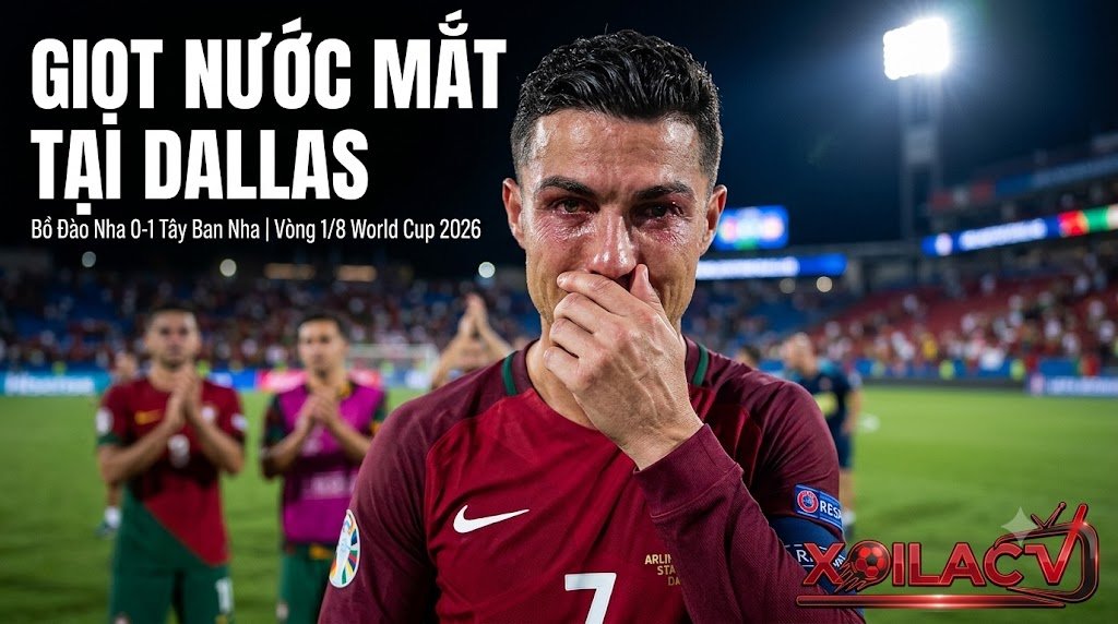 Hình ảnh Cristiano Ronaldo bật khóc nức nở đầy tiếc nuối khi Bồ Đào Nha thất bại trước Tây Ban Nha tại vòng 1/8 World Cup 2026.
