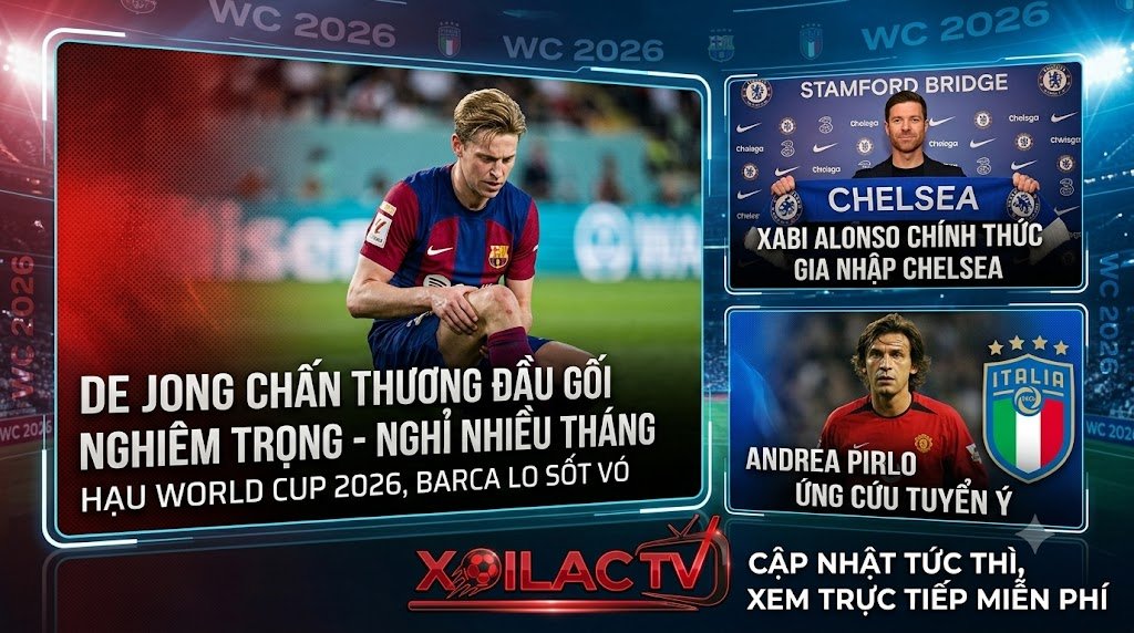 Đồ họa điểm tin bóng đá tổng hợp trên nền tảng Xoilac TV, với Frenkie de Jong chấn thương đầu gối bên trái và Xabi Alonso đến Chelsea, Andrea Pirlo đến tuyển Ý bên phải.