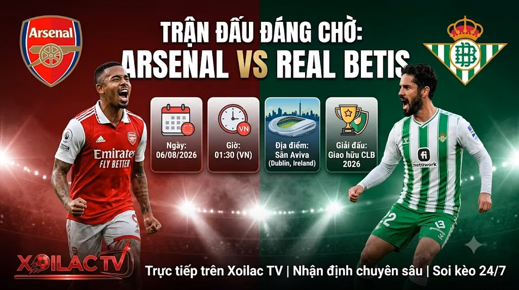 Cập nhật đội hình dự kiến và sơ đồ chiến thuật trận Arsenal vs Real Betis giao hữu câu lạc bộ 2026.