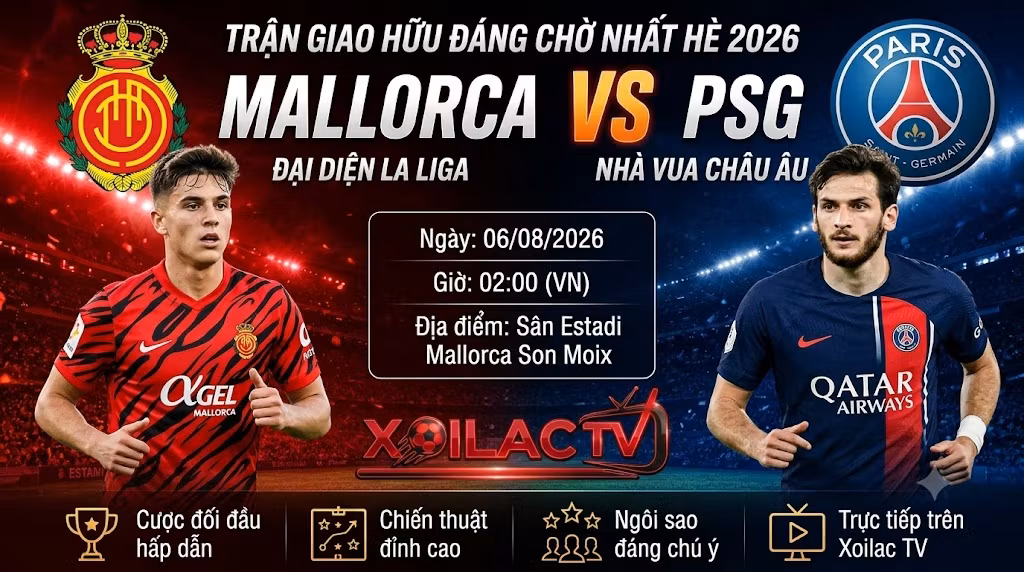 Nhận định Mallorca vs PSG (02h00, 06/08/2026). Trận giao hữu bóng đá đáng chờ đợi nhất mùa hè được phát sóng trực tiếp trên Xoilac TV.