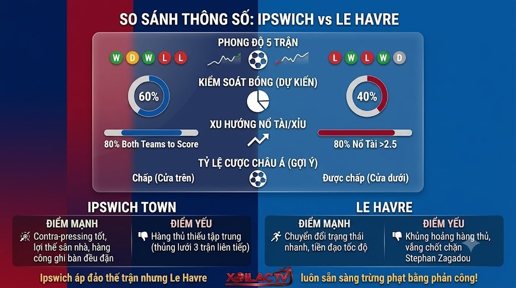 Bảng so sánh thông số sức mạnh, phong độ và dữ liệu soi kèo trận đấu Ipswich Town vs Le Havre từ chuyên gia.